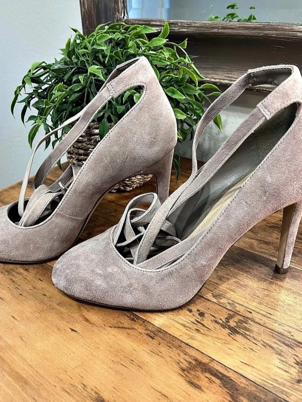 BCBGeneration Ellah Women’s Taupe Suede Lace-Up Tie Ankle Strap Stiletto Pump 6